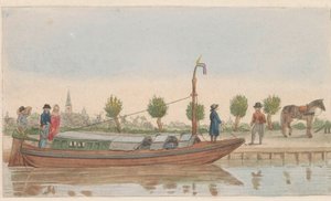 Bogserpråm, 1824 En hollandsche vandring eller Jaagschuit / Une barque de tracte, servante au transport de voyageurs et marchandises en hollande (titel på objektet) av Carl Cristiaan Fuchs