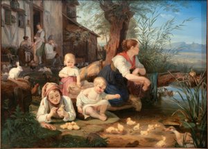 Mamma med barn vid bydammen