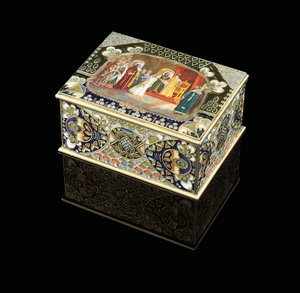 En bordslåda med målad kartusch föreställande tsar Alexei Mikhailovich som väljer en brud, ca. 1908-1917 av Carl Fabergé