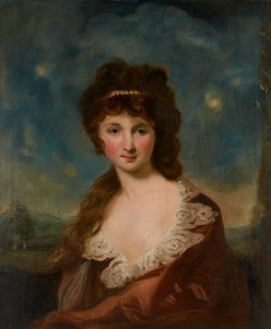 Porträtt av en dam som sägs vara Harriet Rochfort (1758-1854) Enligt etikett på baksidan (olja på duk)