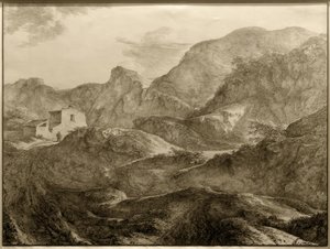 Bergslandskap, till vänster ett hus med en vandrare framför sig av Carl Friedrich von Rumohr