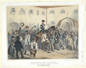 Författningsproklamation på nationalgardets mötesplats i Freihaus (Fria huset) på Wieden den 15 mars 1848 (färglitografi) av Carl Goebel