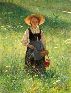 Flicka på en blommande äng