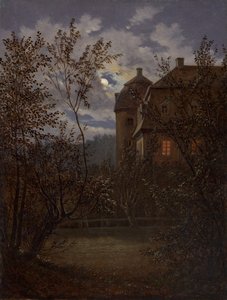 Schloss Milkel i månsken, ca. 1833-35.
