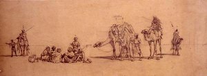 Figurer och kameler i öknen (penna på kalkerpapper på kort) av Carl Haag
