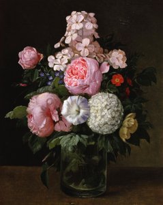 Stilleben med rosa rosor och hortensior. Målning av Carl Henrik Koch Moller (1845-1920) Privat samling. av Carl Henrik Koch Moller