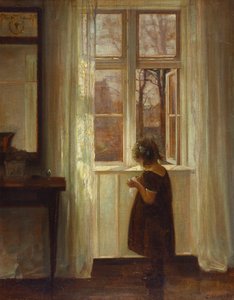 En flicka som står vid ett fönster (olja på duk) av Carl Holsoe