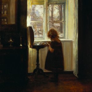 En flicka som står vid ett sybord (olja på duk) av Carl Holsoe