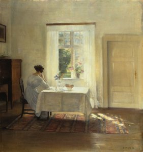 En kvinna som sitter vid ett bord vid ett fönster, ca 1900 (olja på duk) av Carl Holsoe