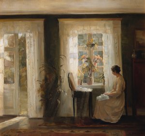 En kvinna vid ett soligt fönster (olja på duk) av Carl Holsoe