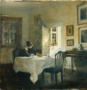 En kvinna vid ett bord i en matsal av Carl Holsoe
