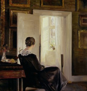 En kvinna som sitter vid en dörr av Carl Holsoe