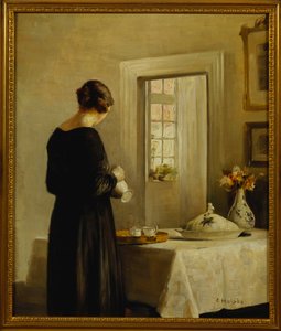 En interiör med en kvinna vid ett bord (olja på duk) av Carl Holsoe
