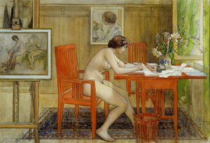 Modellen som skriver ett vykort av Carl Larsson