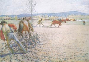 De två männen med sina harvar arbetade metodiskt fram och tillbaka av Carl Larsson