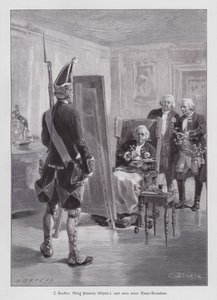 Kung Fredrik Vilhelm I av Preussen målar en grenadjär av hans Potsdamer Riesengarde (Giant Guard of Potsdam) (gravyr) av Carl Ludwig Friedrich (after) Becker