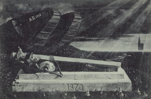 En segerrik allierad stridsvagn från första världskriget passerar en fransk kavallerisoldats grav från det fransk-preussiska kriget. (litho)