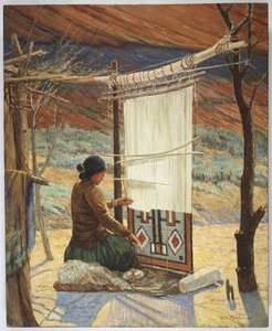 Navaho Weaver, Canyon de Chelly, Navaho Reserve (olja på duk monterad på panel)