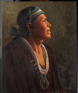 Ta-otza-begay, även kallad Meguelito, Navajo Medicine Man (olja på duk monterad på panel)