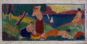 (Kvinnor i landskap med blå bård) av Carl Newman