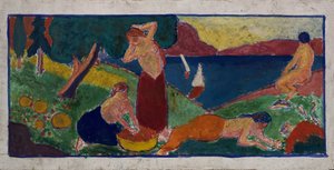 Kvinnor i landskap med blå kant, före 1932.