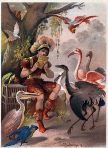 Papageno med panflöjt tar fåglarna från skogen. Illustration av Carl Offterdinger (1829-1889) i "" Den förtrollade flöjten"" (Die Zauberflote, flauto magico, Trollflöjten). Privat samling.