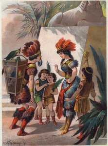 Den svarta jägaren stänger Papagenos mun med ett lås för att straffa honom för att han ljugit och sålt sig själv för att ha dödat ormen inför drottningen. Illustration av Carl Offterdinger (1829-1889) i ””Den förtrollade flöjten””. (Die Zauberflote, flauto