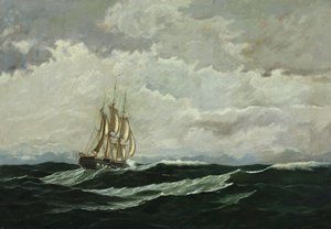 Havslandskap med krigsfartyg på öppet hav av Carl Rasmussen