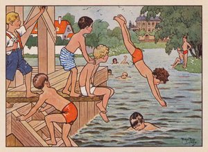 Simning och dykning för pojkar (färglitografi) av Carl Robert Arthur Thiele