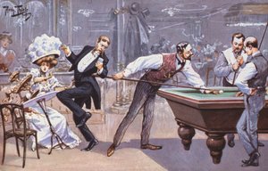 Komisk scen i en biljardhall (färg litho)