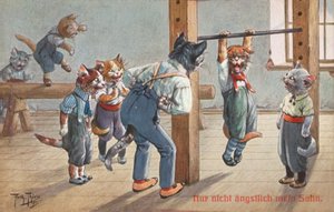 Vykort med humoristisk katt (färglitografi) av Carl Robert Arthur Thiele