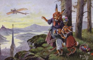 Kaniner som diskuterar ett flygplan (färg litho) av Carl Robert Arthur Thiele