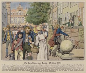 Civila hjälpte preussiska sårade under försvaret av Danzig, våren 1807 (färg litho) av Carl Röchling
