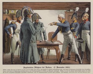 Fältmarskalk Blucher kapitulerar för fransmännen i Katekau, 7 november 1806 (färg litho) av Carl Röchling
