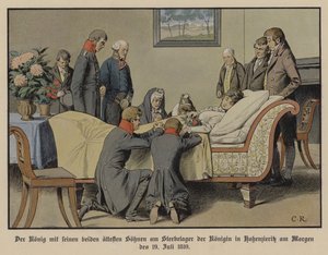 Kung Fredrik Vilhelm III av Preussen och hans två äldsta söner bredvid drottning Louises dödsbädd på morgonen den 19 juli 1810 (färg litho) av Carl Röchling