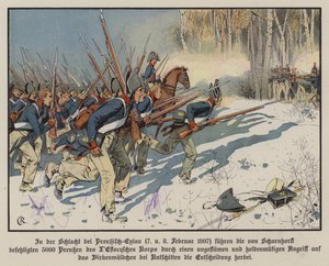 Preussiskt infanteri anfaller i slaget vid Eylau, 7-8 februari 1807 (färg litho) av Carl Röchling