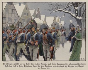 Resten av den preussiska armén marscherar förbi kung Fredrik William III och drottning Louise genom Memels gator av Carl Röchling
