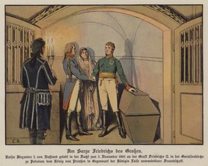 Tsar Alexander I av Ryssland besöker Fredrik den Stores grav i Potsdam med kung Fredrik Vilhelm III och drottning Louise av Preussen och svär sin orubbliga vänskap, 5 november 1805 (färg litho)