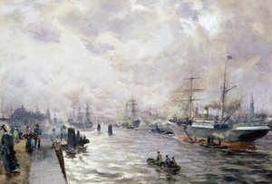 Segelfartyg i hamnen i Hamburg, 1889 (wc och gouache på papper)