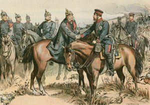 Wilhelm I, kung av Preussen och förste tyska kejsaren (1797-1888) hälsade sin son i Sadowa 1866 av Carl Rohling