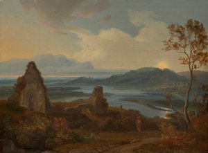 Flodlandskap med kyrkoruiner
