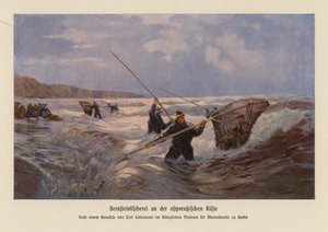 Bärnstensinsamling i Östersjön, Ostpreussen (färglitografi) av Carl Saltzmann
