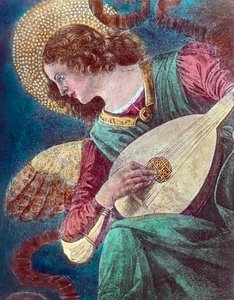 Ängel som spelar musik. Del av en Freskomålning av den italienske renässansmålaren Melozzo da Forli även känd som Michelozzo degli Ambrogi (1438 - 1494), målad ca 1480... Bilddatum: ca 1900. Carl Simon-arkivet