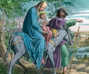 Flykten till Egypten. Biblisk illustration (odaterad) av den tyske målaren Julius Schnorr von Carolsfeld (1794 - 1872). Bilddatum: ca 1900. Carl Simon-arkivet