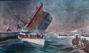 Titanics jungfruresa 1912 - Titanics förlisning - livbåtar med överlevande från Titanic-katastrofen, illustration