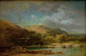 Hydda vid sjön med figurer av Carl Spitzweg