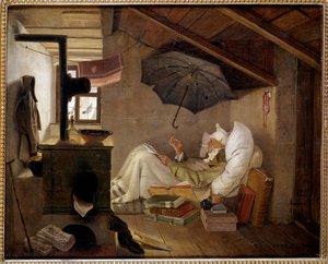 Stackars poet En gammal man ligger på en vind. Målning av Carl Spitzweg (1808-1885) 1839. Dim. 0,36 X 0,44 m Berlin, Altes Museum, Tyskland - Den fattige poeten. En gammal man sängliggande på en vind. Målning av Carl Spitzweg (1808-1885) av Carl Spitzweg