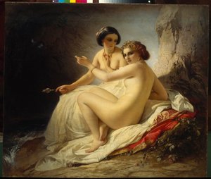 ""Två flickor i en grotta"" (Två flickor i en grotta) Målning av Timofei Neff (Carl Timoleon von Neff) (1805-1876) - 1859 - Olja på duk - Ryska statens museum, St Petersburg av Carl Timoleon von Neff