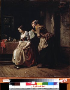 ""Brevet"" (Ett brev) En tjänare kommer med ett brev till en ung flicka i förtvivlan. Målning av Carl Wilhelm Hubner (1814-1879) 1800-talets Fjärran Österns konstmuseum, Khabarovsk, Ryssland av Carl Wilhelm Hübner