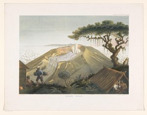 Vulkanen Gede i västra Java Gunong Gedeh (titel på objekt) Atlas to work Java (serietitel på objekt) Atlas av plåtar innehållande elva pittoreska vyer, tillhörande verket Java, dess form, dess vegetation och inredningskonstruktion (serietitel av Carl Wilhelm Mieling (possibly)